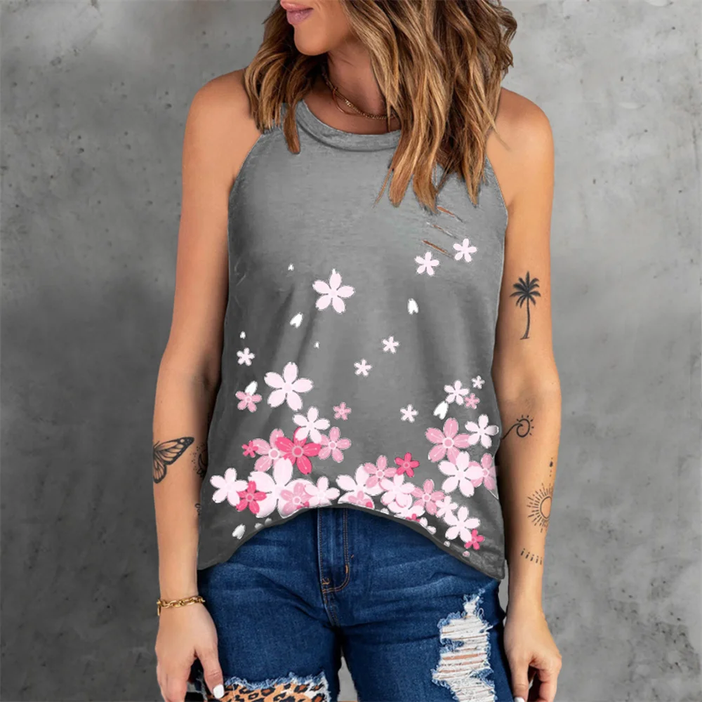 

2022 New Summer Beach Style Women Floral Print Vest T Shirt Casual Sleeveless Loose Tank Top Fashion O-Neck Street Hipster Tops