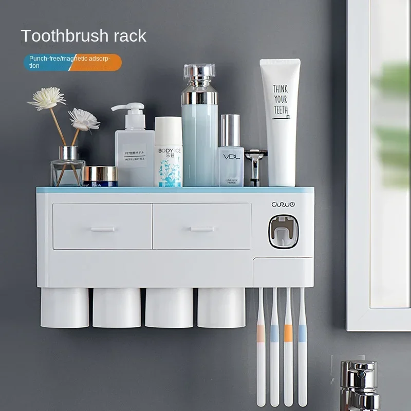 Toothbrush Bathroom Accessories Set Wall Mount Storage Rack Toiletries Storage Toothpaste Dispenser with Cup Mug Holder Rack