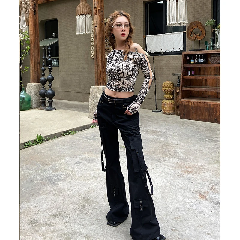 パンツ 00s black coating cargo flared pants Y2K Black y2k pants 