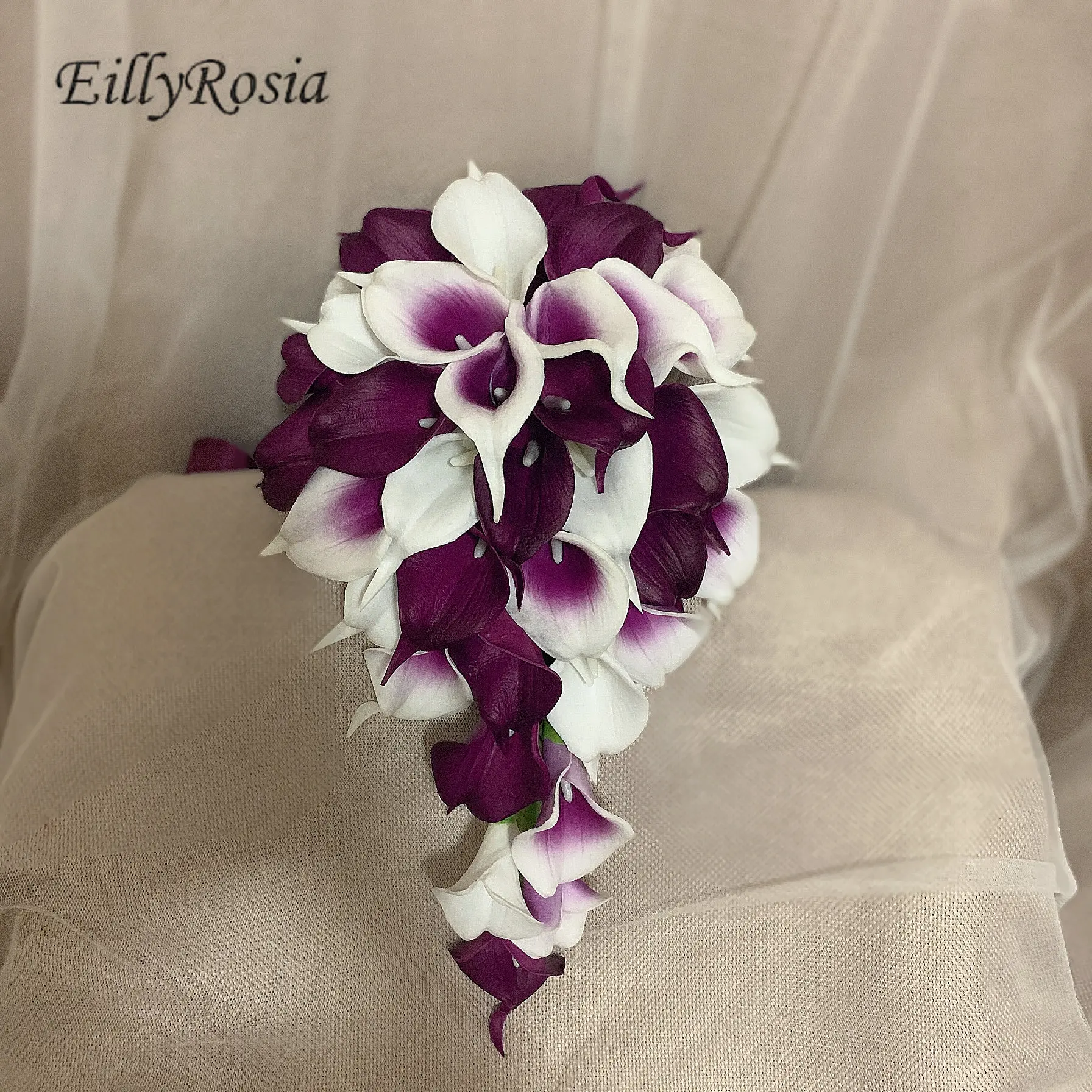 Tanio EillyRosia biały fioletowy bukiet ślubny sztuczna kalla Lily kaskada