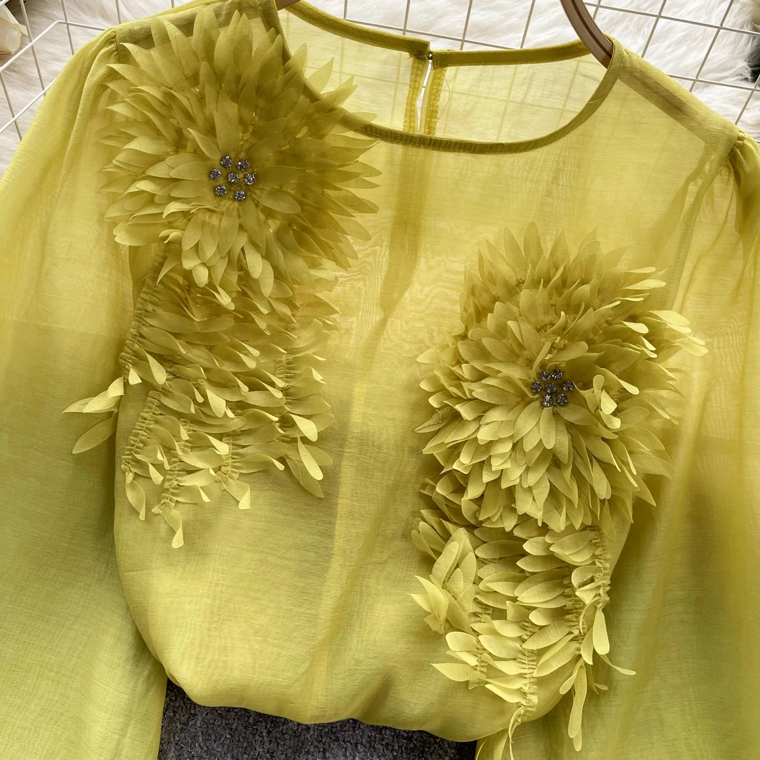 Spring Loose Satin Blouse Women O Neck Long Sleeves Sheer Bohemian Top 2024 Transparent 3D Floral Casual Shirt
