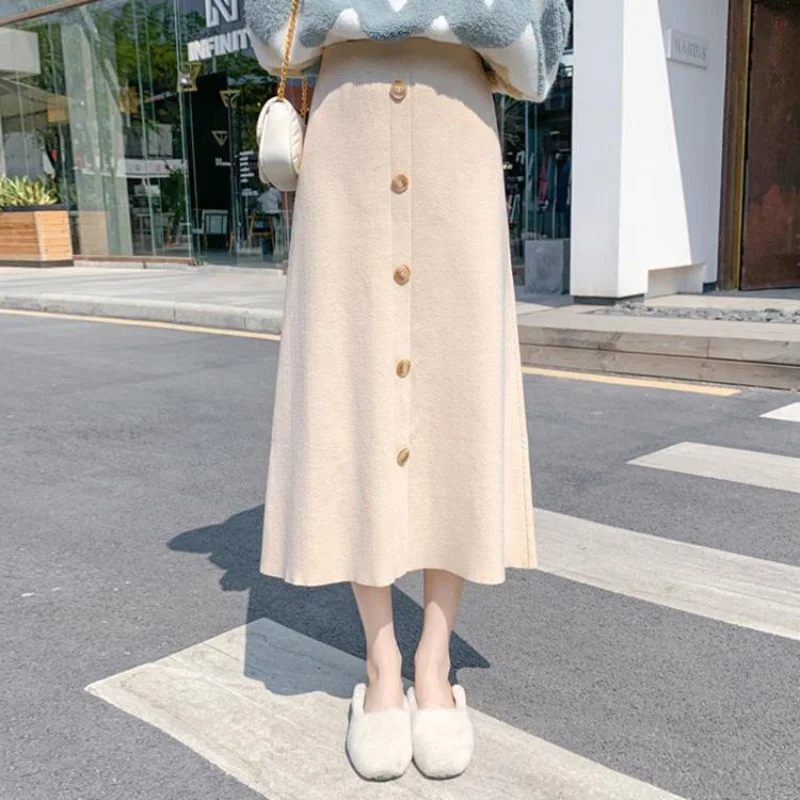 

Knitted skirt for women in autumn and winter New high-waisted A-line wool long skirt Medium length winter sweater skirt female