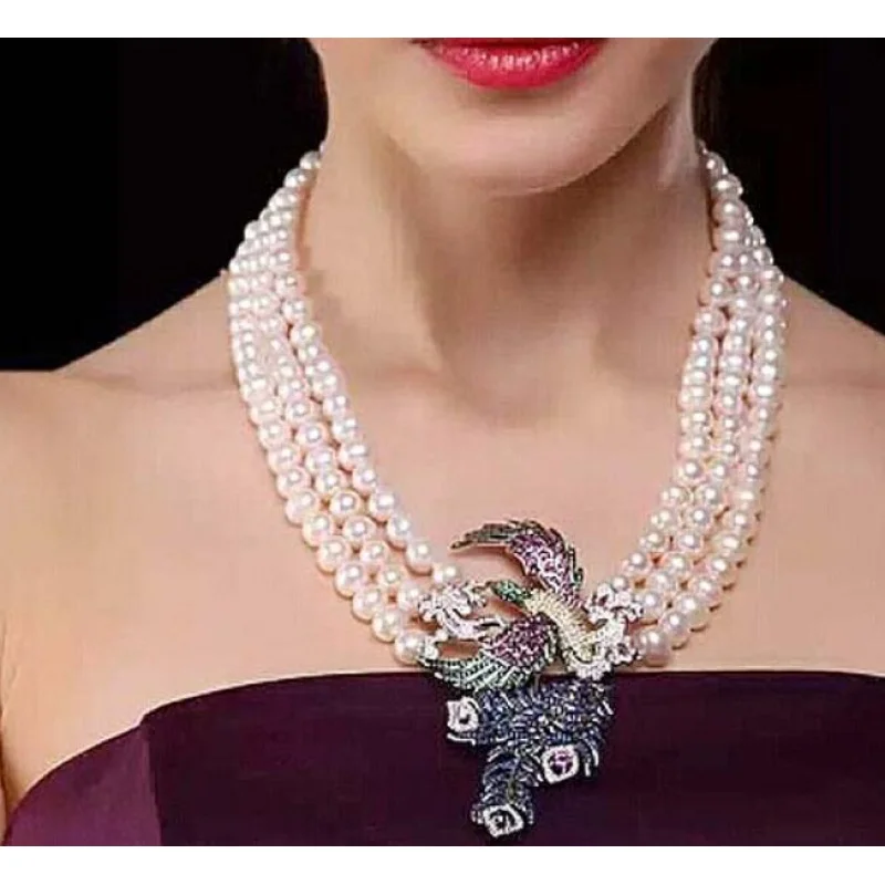 

Jewelry 2strands 7-8 mm natural south sea white pearl 8mm lapis lazuli jade necklace micro inlay zircon pendant