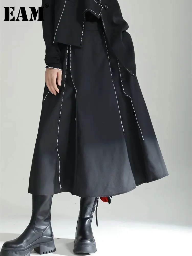 

[EAM] High Elastic Waist Black Topstitched Long Casual Half-body Skirt Women Fashion Tide New Spring Autumn 2024 1DF5096