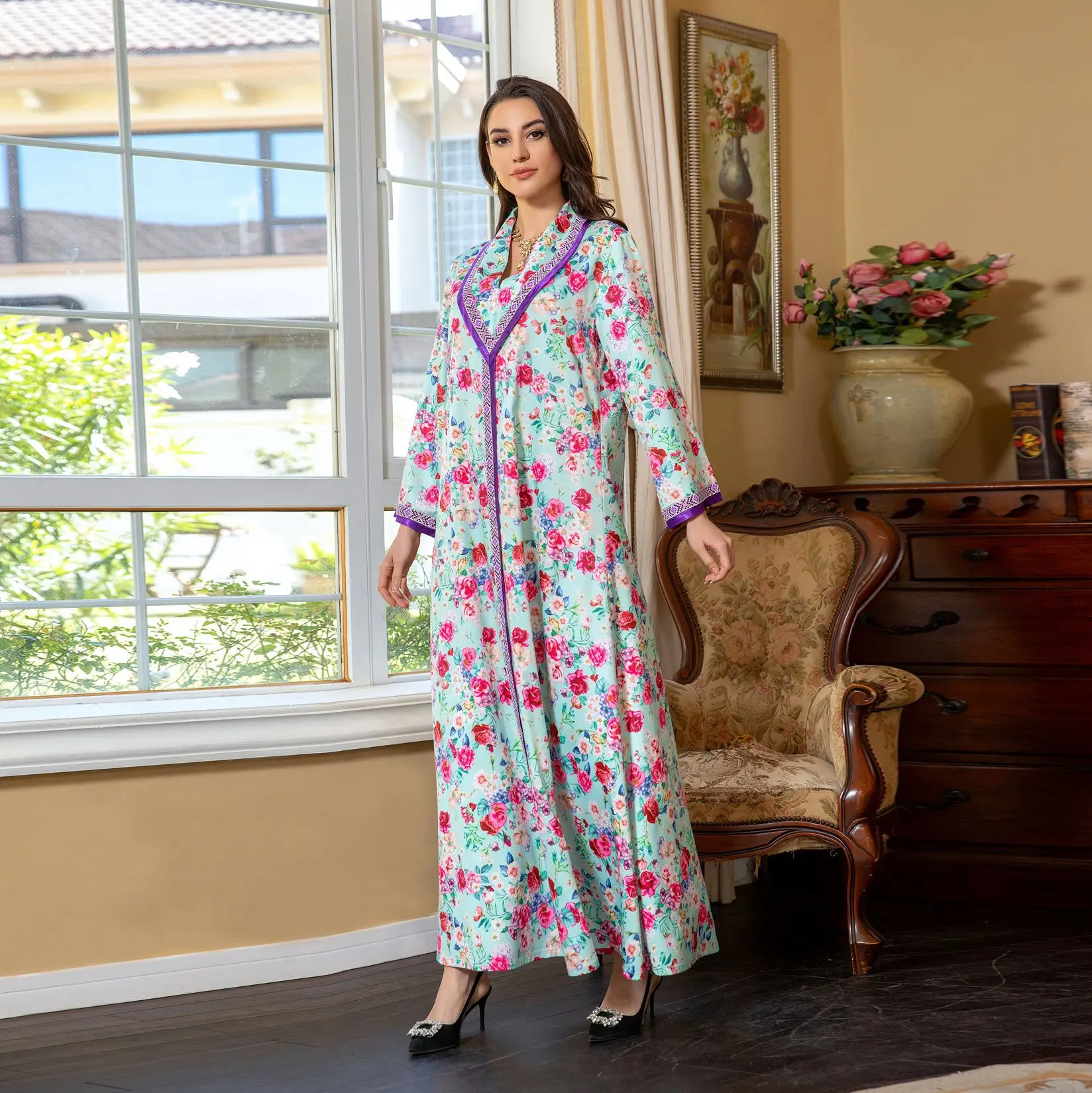 

Дубай Турецкая Мода Цветочные весенние Abayas саудовские марокканские женщины кафтан с длинным рукавом V-образным вырезом элегантное Африканское платье 2024