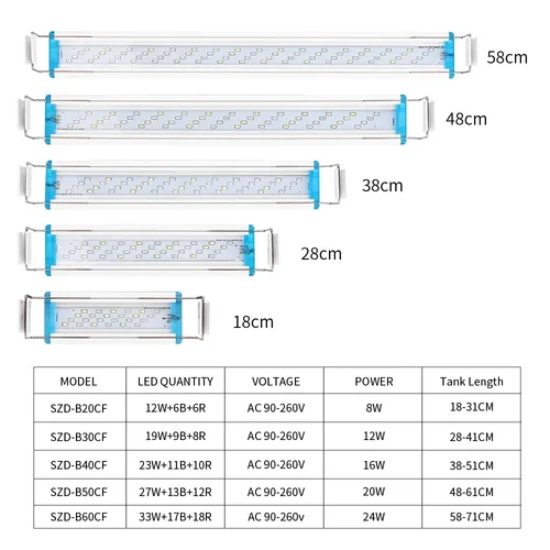 18-75cm 슈퍼 슬림 LED 수족관 조명, 수생 식물 조명, 연장 가능, 방수 클립 온 램프, 어항용, 90-260V 5