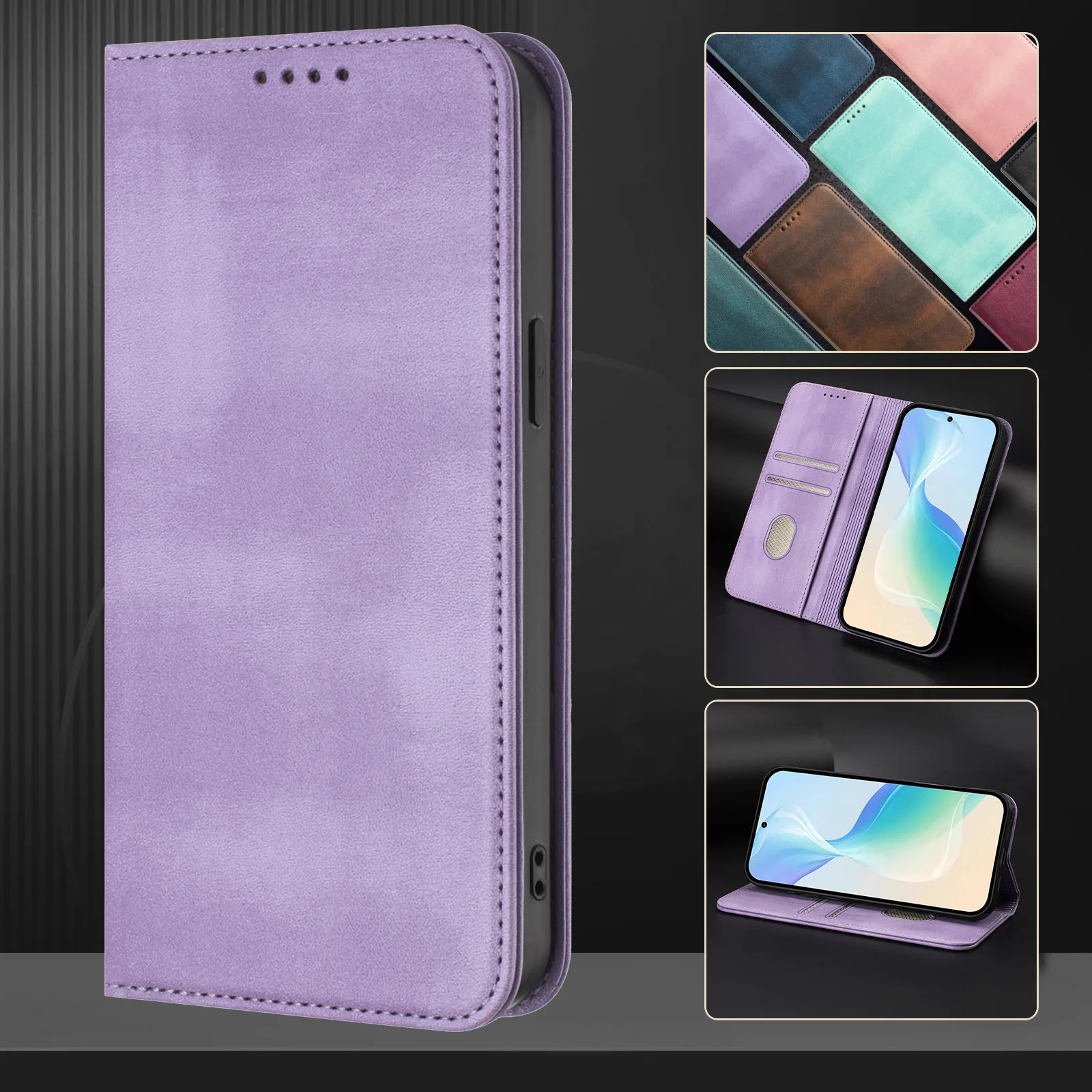 Modern Color Leather Book Case with Magnetic Holder and Card Slots - Anti-Scratch Wallet Cover