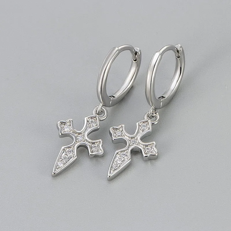 Silver Color Rhinestone Cross Pendant Hoop Earrings for Women Men Awesome Hiphop Earring Party Jewelry Gifts Wholesale