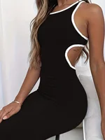 Fashionable women's solid color halter dress with side cut-outs and white trim, fitted bodycon casual party and date evening dre