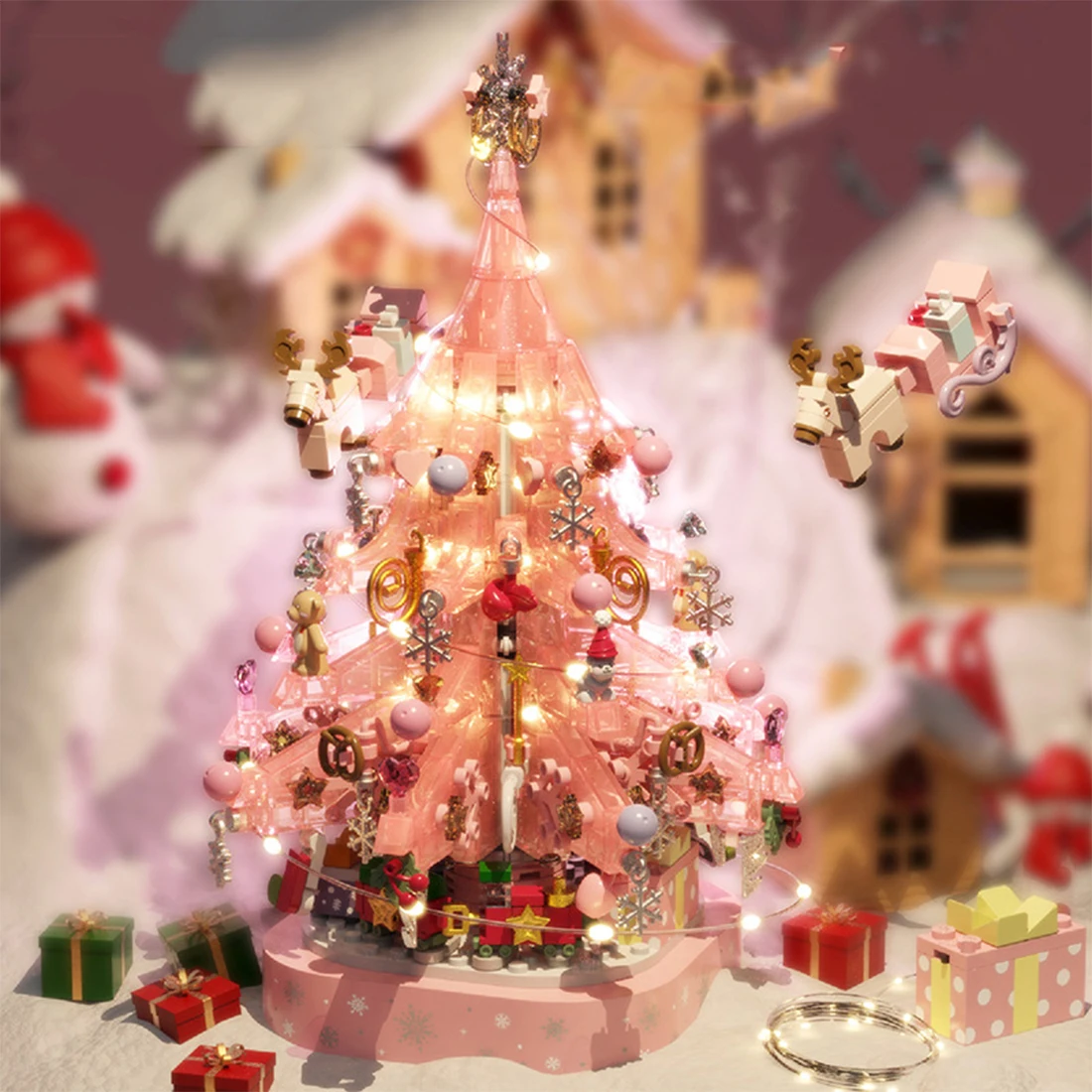 Pink Crystal Christmas Tree Music Box Micro Building Blocks Assembled Christmas Decorations Mini Bricks Toy For Gifts