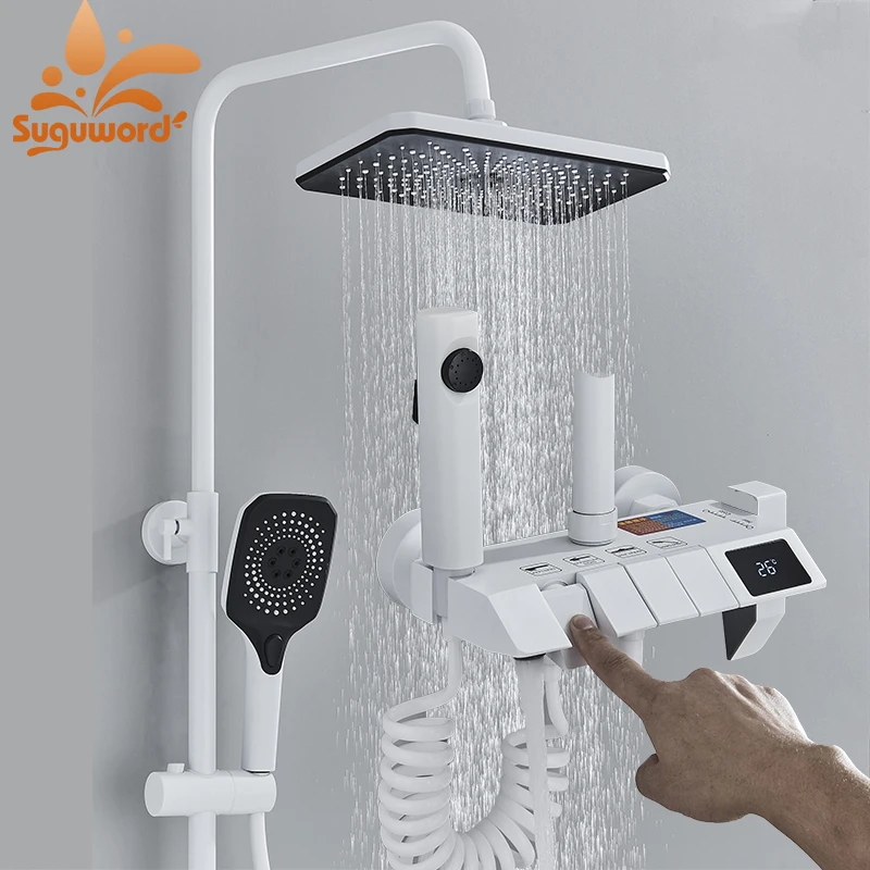 Smart Digital Display Piano Keys Bathroom Shower Faucet 4 Function Wall Mount Brass Rainfall Cold Hot Water Mixer Bathing Crane shower set,shower faucet adapter