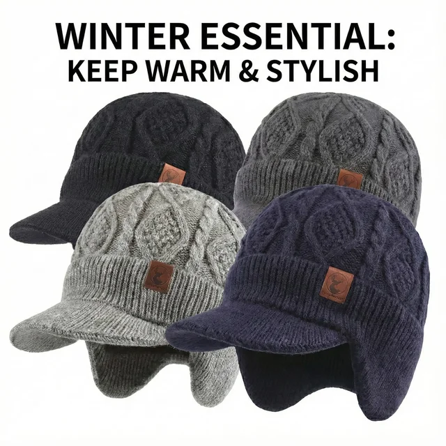 SUPER WARM Winter Beanie Hat Men Women Thick Fleece Lined Cap with Earflaps Visor Brim Outdoor Windproof Ski Snow Hat Knit 2