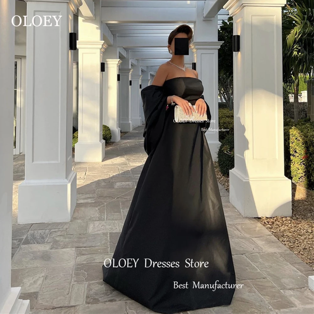 

OLOEY Simple Black Satin Evening Dresses With Jacket Sleeves Strapless Long Saudi Arabic Women Prom gowns Formal Occasion Dress