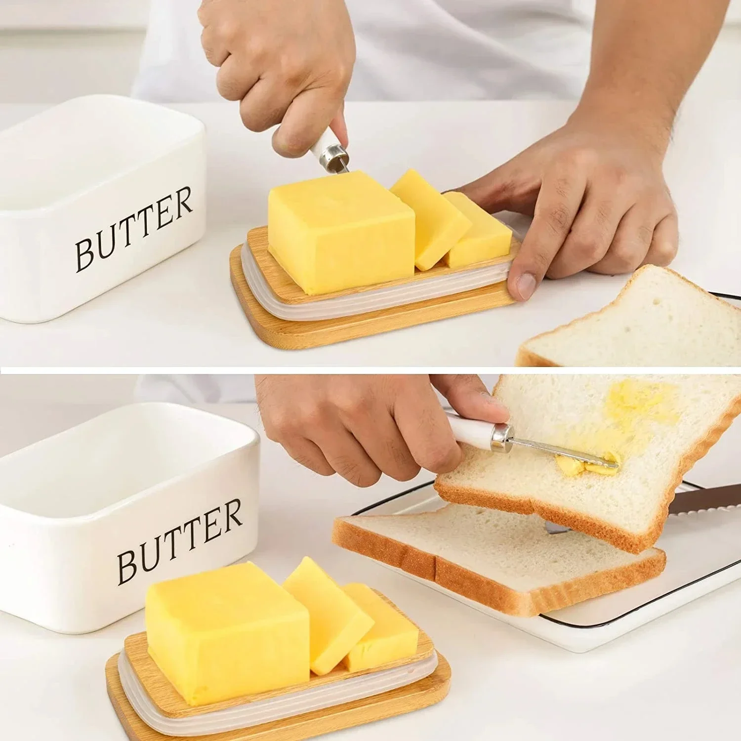 Nordic Butter Sealing Box Ceramic Butter Plate Cheese Storage Tray Dish Container Box Dish with Wood Lid and Knife