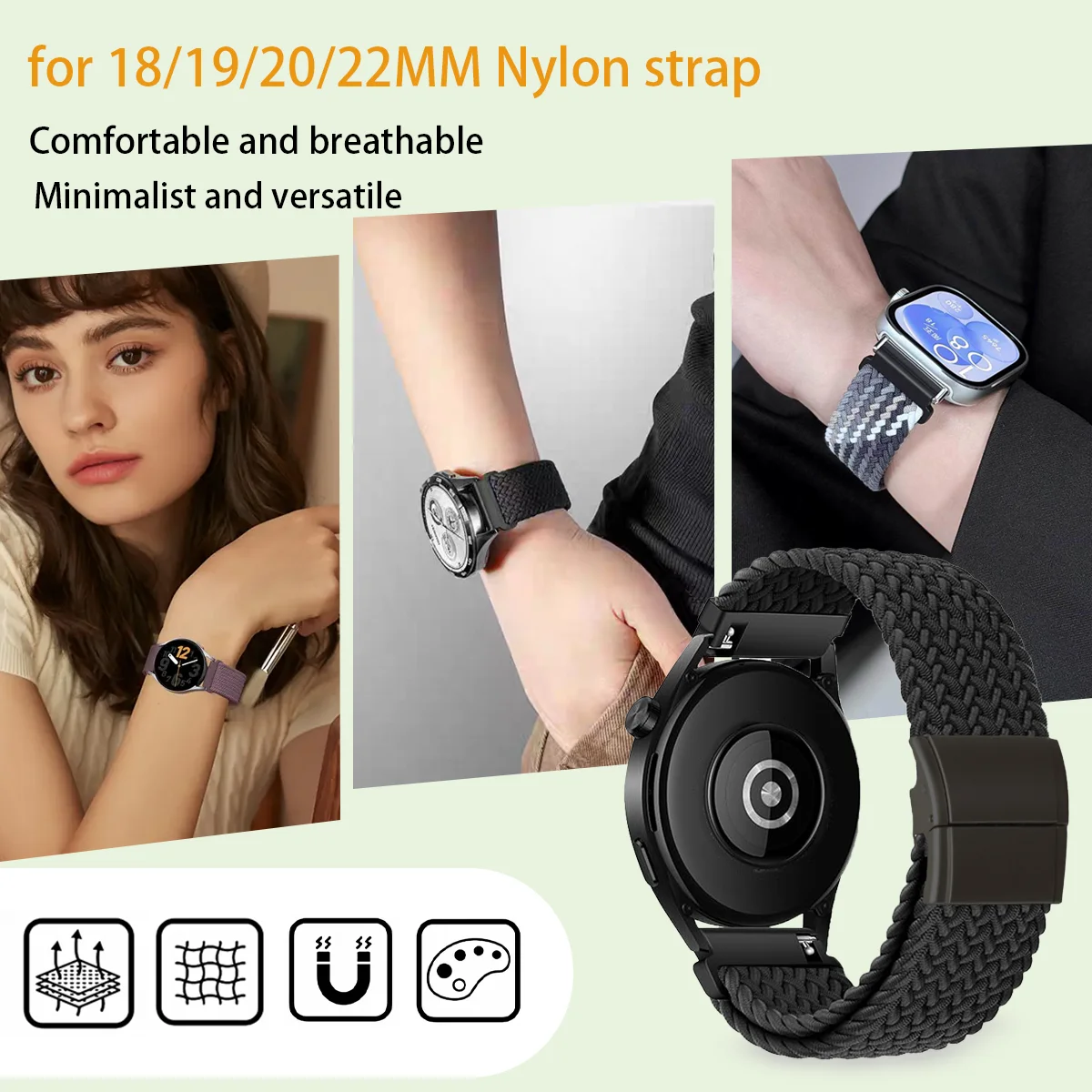 Fashion Magnetic Nylon Strap - Elegant Replacement Band, 18/20/22mm Adjustable Size