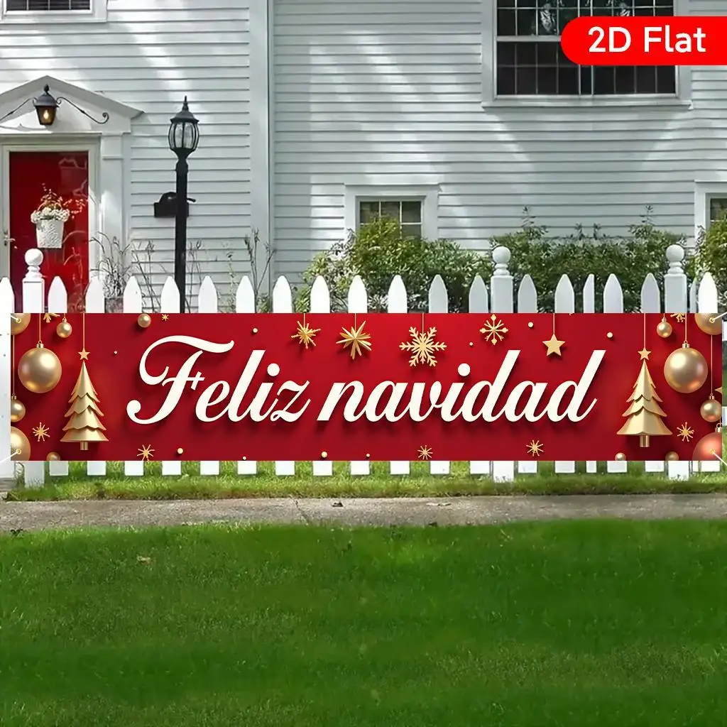 2D flaches 1-teiliges spanisches Weihnachts-Polyester-Banner „Feliz Navidad“ – rotes und goldenes Design – Weihnachtsdekoration – Detail 1