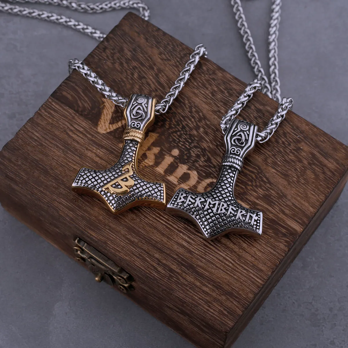 316l Stainless Steel Viking Mixed Gold Thor's Hammer Necklace Men