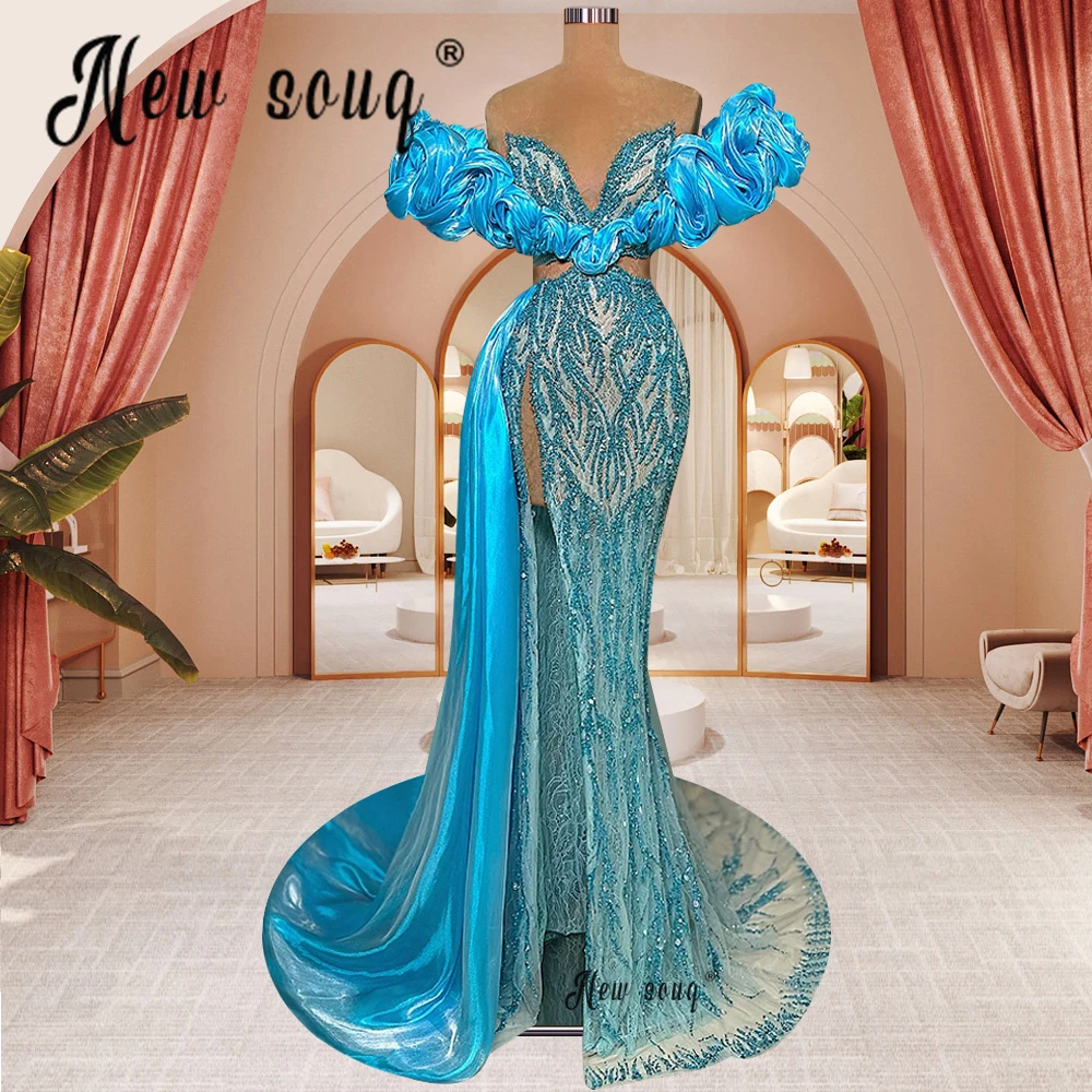 

Gorgeous Lake Blue Off Shoulder Evening Dress Full Beaded Illusion Formal Prom Party Gowns Vestido De Noiva Pageant Robes Dubai