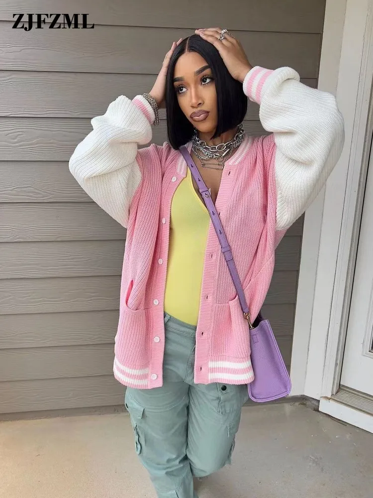 

Casual Color Block Patchwork Varsity Bomber Baseball Flight Jackets Girl Y2k Streetwear Full Sleeve Knitted Loose Letterman Coat