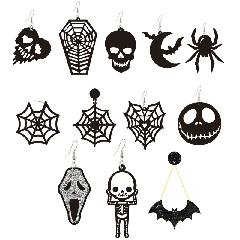 Acrylic Earrings for Women Halloween Black Scary Spider Web Bat Pumpkin Moon Skull Dangle Cool Punk Brincos Jewelry | Украшения и