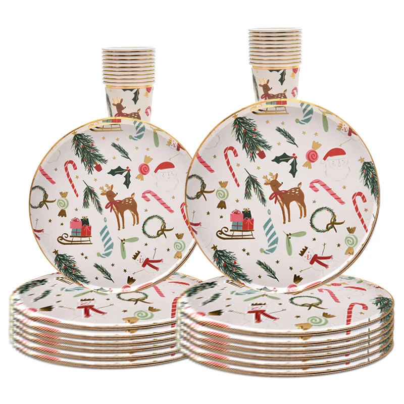 Vajilla desechable con patrón de ciervo bronceado para fiesta de Navidad, platos de papel, vasos, servilletas de Papá Noel, suministros de Feliz Navidad, novedad de 2023