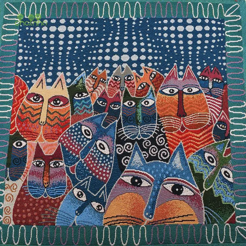 Chainho,Yarn Dyed Polyester Linen Jacquard Fabric,DIY Sewing Cushion,Bags Material,Cats Cartoon Series,4 Pieces/Lot,48x48cm