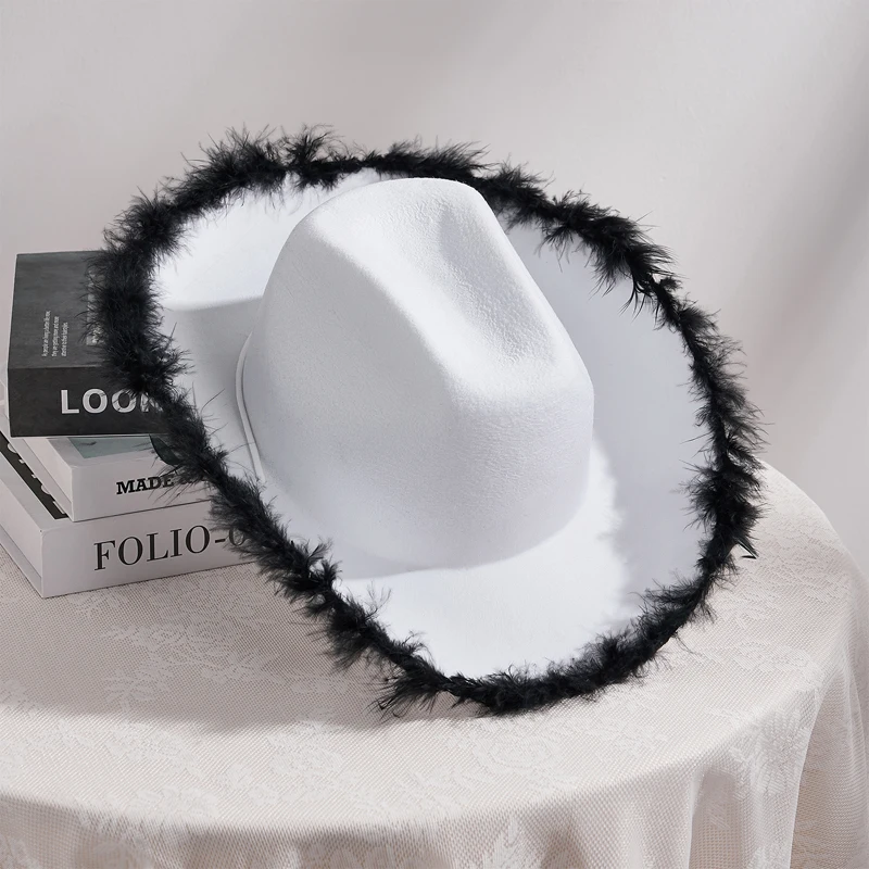 Women's Cowboy Hats Adult Solid Color Furry Trim Wide Brim Hat for Dating Party Outdoor Camping Christmas Decorations