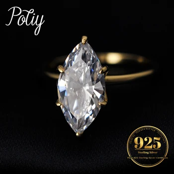 Potiy Vintage 9ct 5A Marquise Shape Cubic Zirconia Solitaire Engagement Ring For Women 925 Sterling Silver 14K Yellow Gold