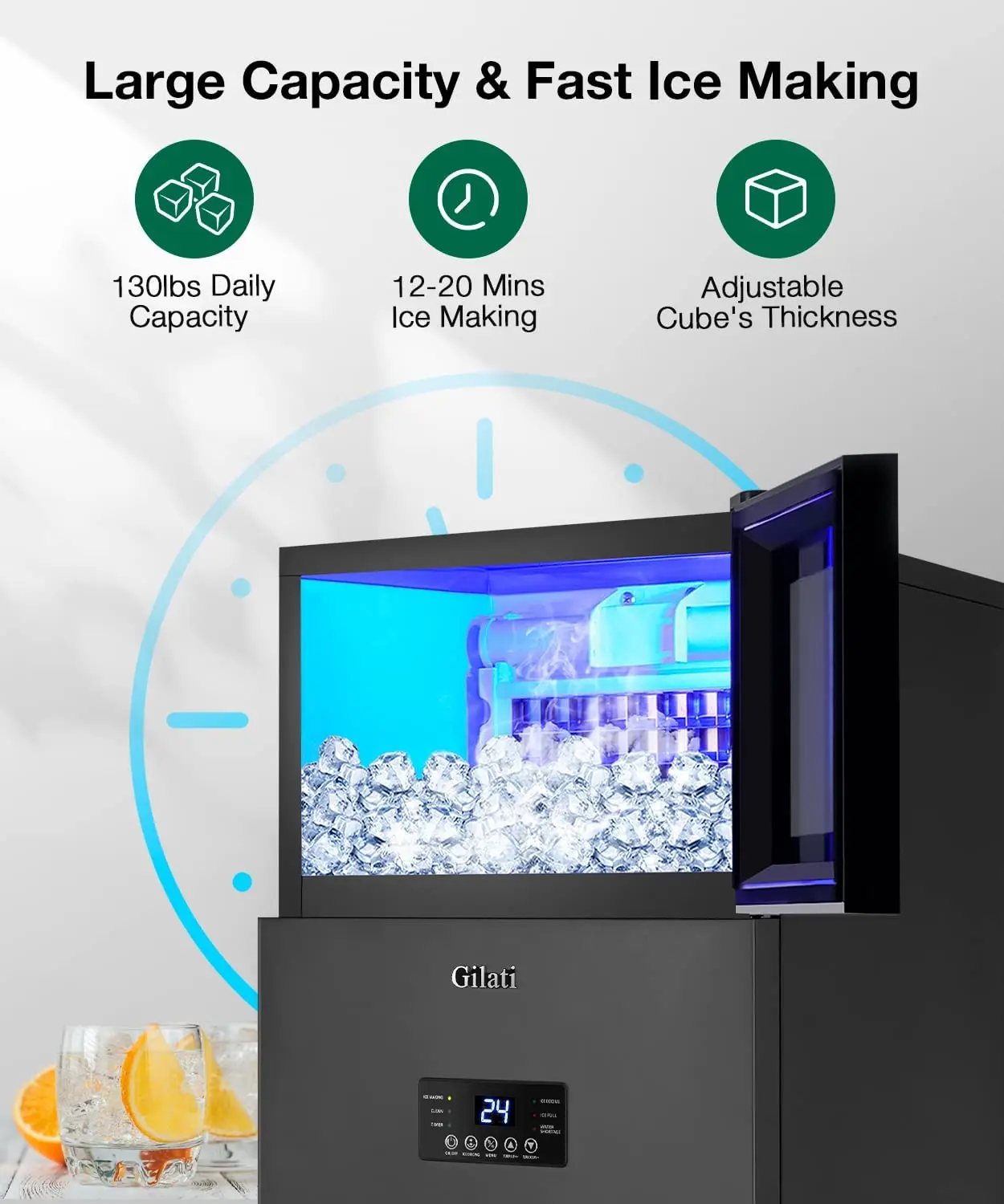 Commercial Ice Maker 130Lbs/Day, Quick Ice Making Commercial Ice Machine with 35Lbs Capacity, Under Counter Ice Maker 15 Inch 2