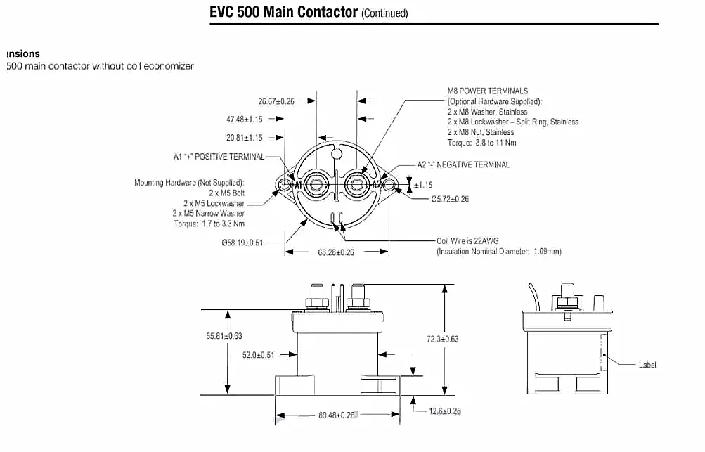 Description Picture 5 of itemEVC500 2299223-1 High Voltage DC Contactor Automotive Relay 900V 500A Coil 12-24V