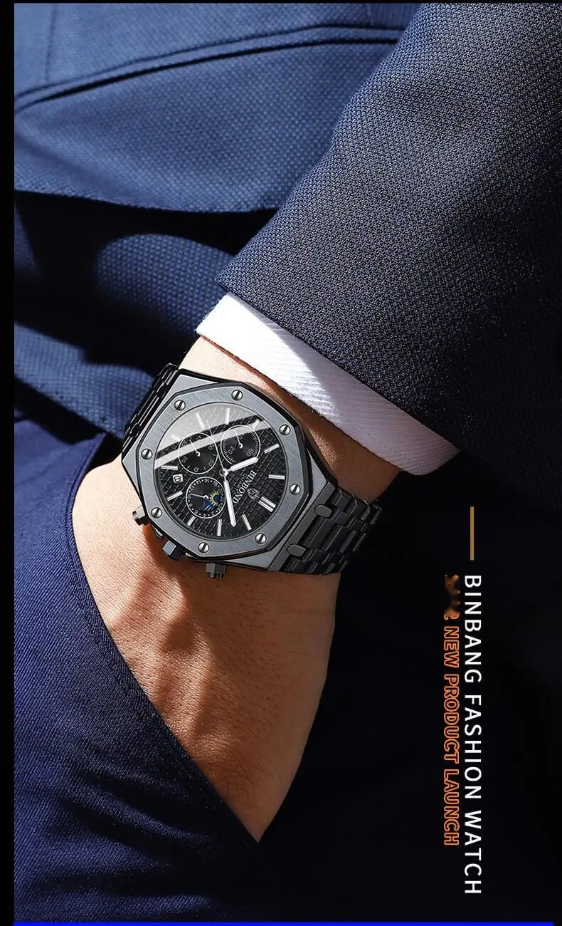 New Watch Hot Selling Model: Binbang High-end Three Eye Six Needle Multifunctional Lunar Phase Steel Band Multifunctional Men's Watch Watch_voghion.com