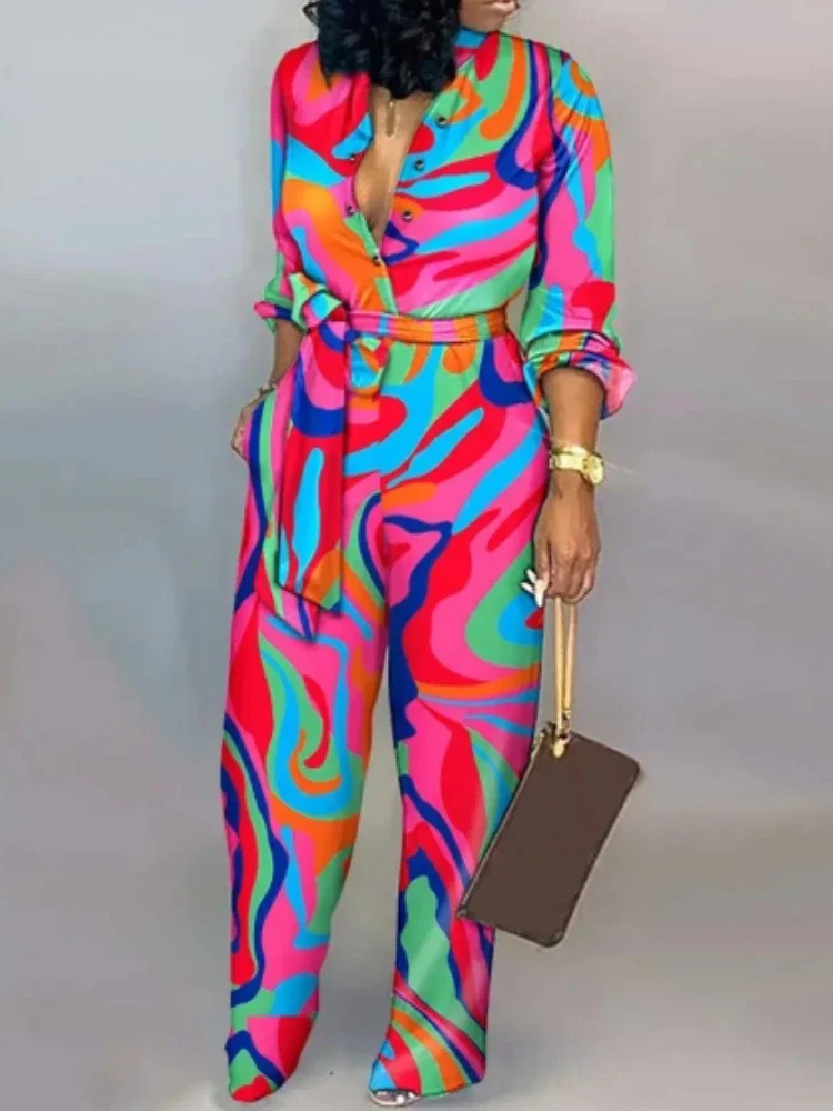

Women Fashion Elegant Jumpsuit Long Sleeve Spring Print V-neck Button High-waisted Straight Casual Clothing