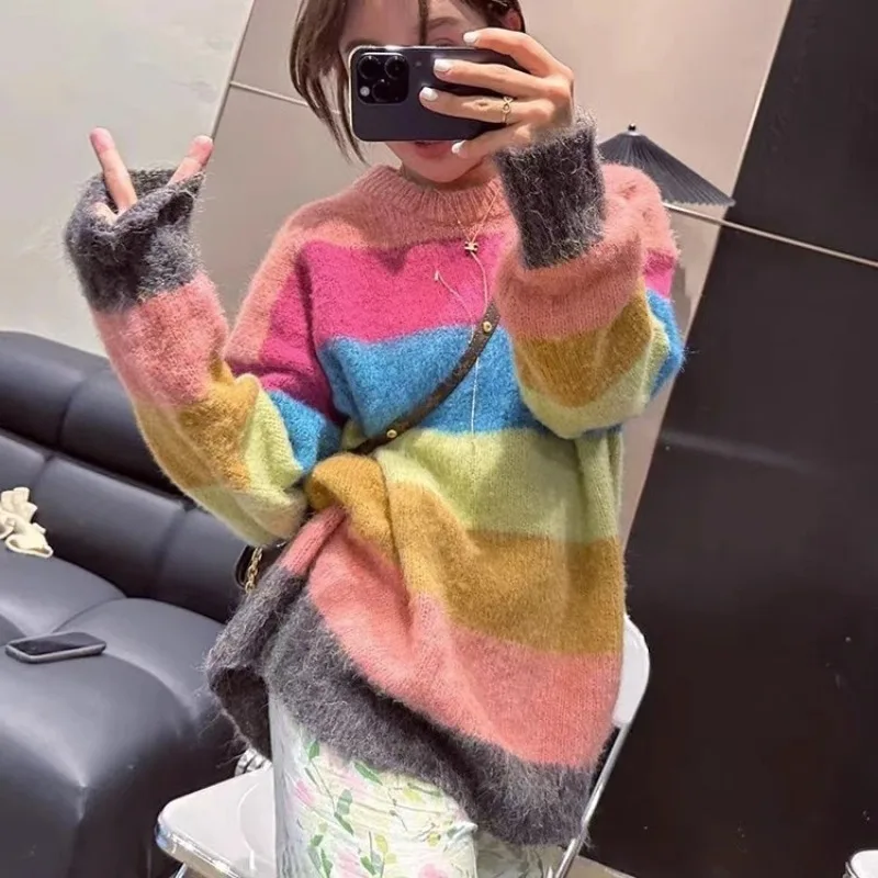 

EBAIHUI Lazy Style Women Sweater Rainbow Stripe Color Block Ladies Knitwear Autumn Winter Mid Length Loose Long Sleeve Pullover