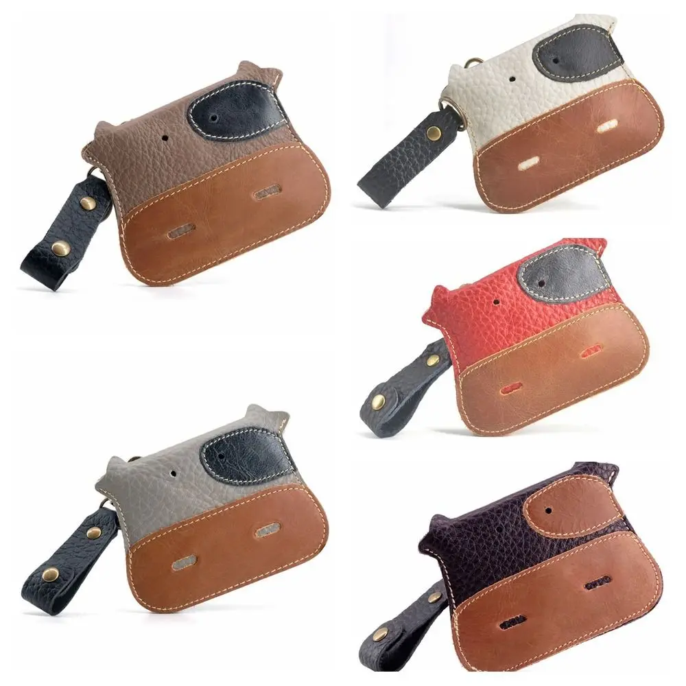 Simple Korean Style Cute Cow PU Card Bag Solid Color Lanyard Mini Wallet Snap Button Wallet Snap Button Coin Purse Outdoor