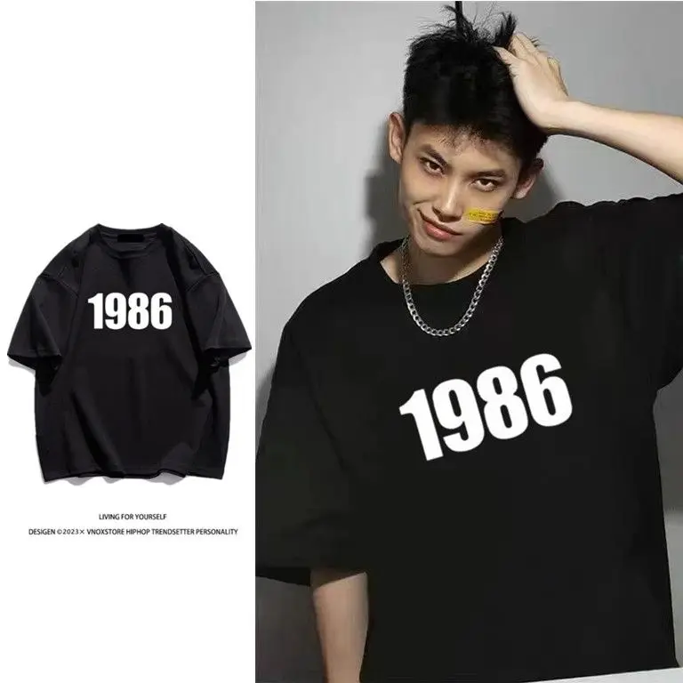

Korean high street pure cotton short-sleeved T-shirt round neck American high street ins 1986 summer casual loose couple y2k top