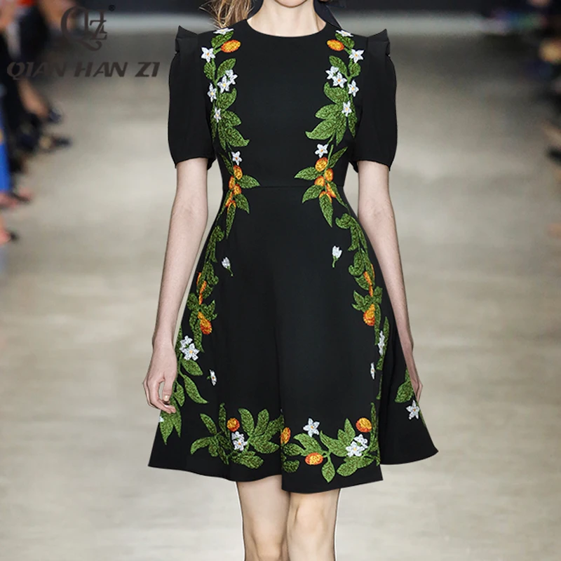 

Qian Han Zi Designer Fashion high sewing dress autumn ruffles flowers leaf embroidery Slim luxury short dress Woman clothes