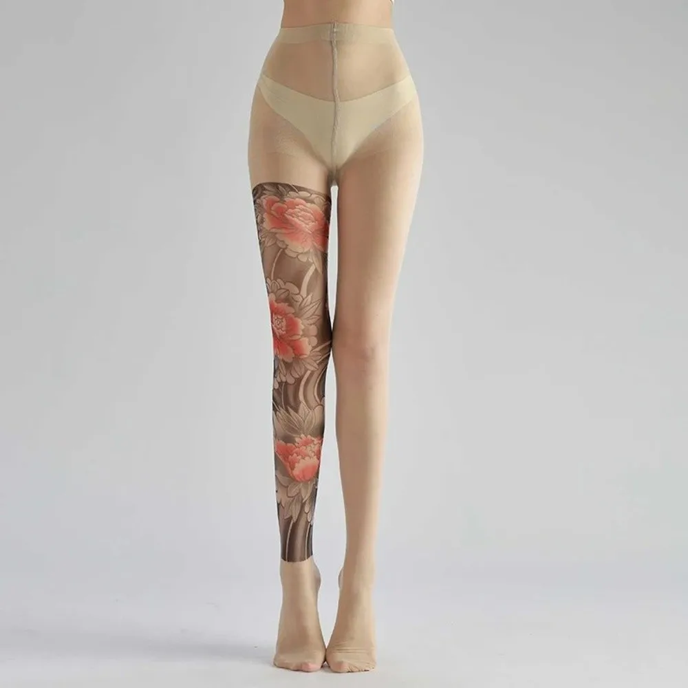 Frauen Sexy Gedruckt Strumpfhosen Gefälschte Tattoo Pfingstrose Strumpfhosen Weibliche Perspektive Mesh Leggings Hohe Strumpfhosen Weibliche Strümpfe – Detail 5