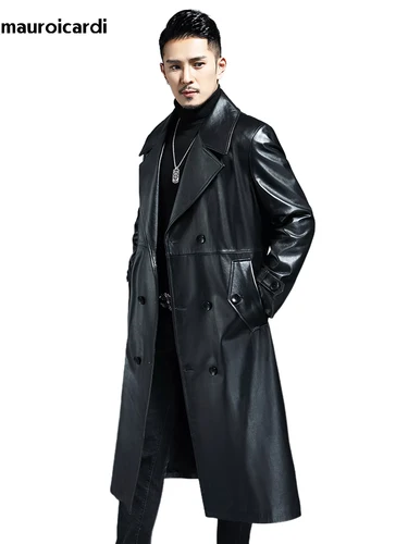 Mauroicardi 남성용 블랙 PU 가죽 트렌치 코트, 긴 쿨 방수 코트, 더블 브레스트, 플러스 사이즈 아우터, 4XL 5XL 2022, 봄 가을 3