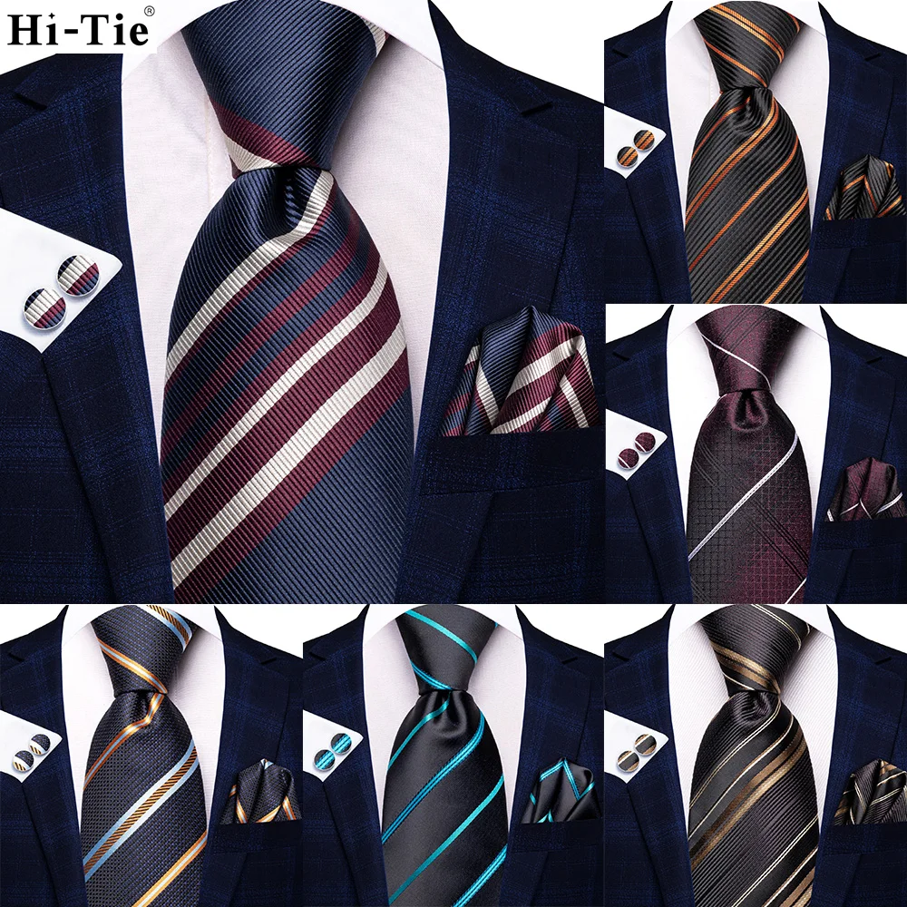 

Hi-Tie Navy Blue White Striped Designer Gift Tie for Men 2023 New Fashion Brand Wedding Party Necktie Handky Cufflinks Dropship