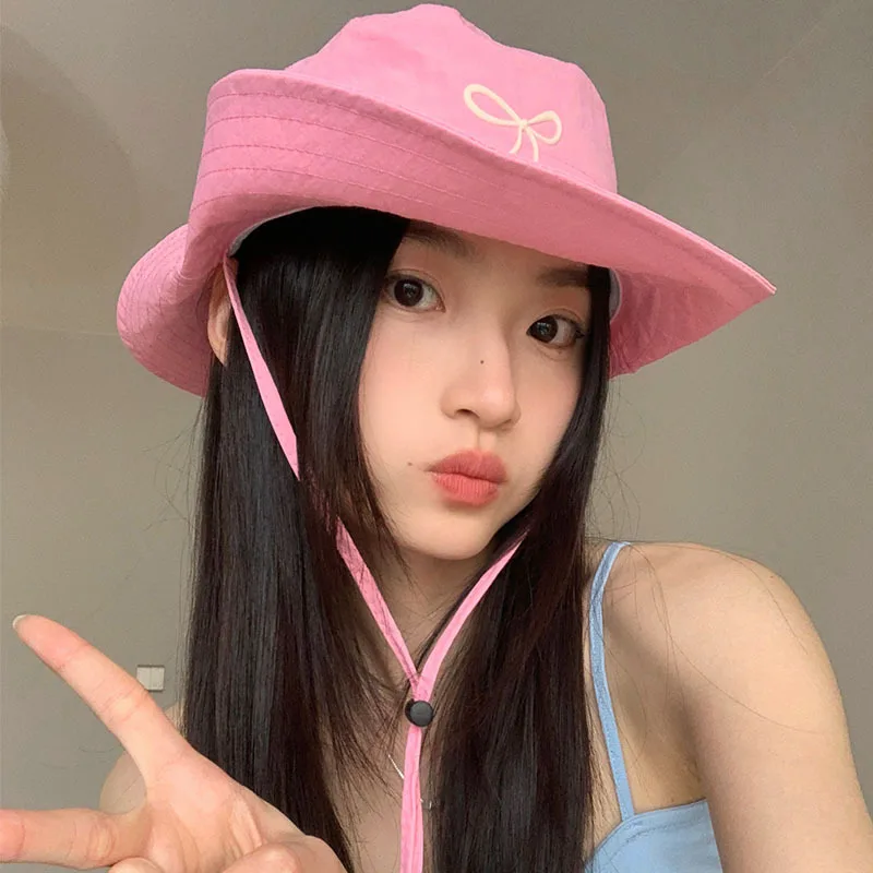 Bow Embroidery Women Quick Dry Bucket Hat Summer Outdoor Hiking camping Panama Caps Wide Brim Fordable Sunscreen Basin Hats