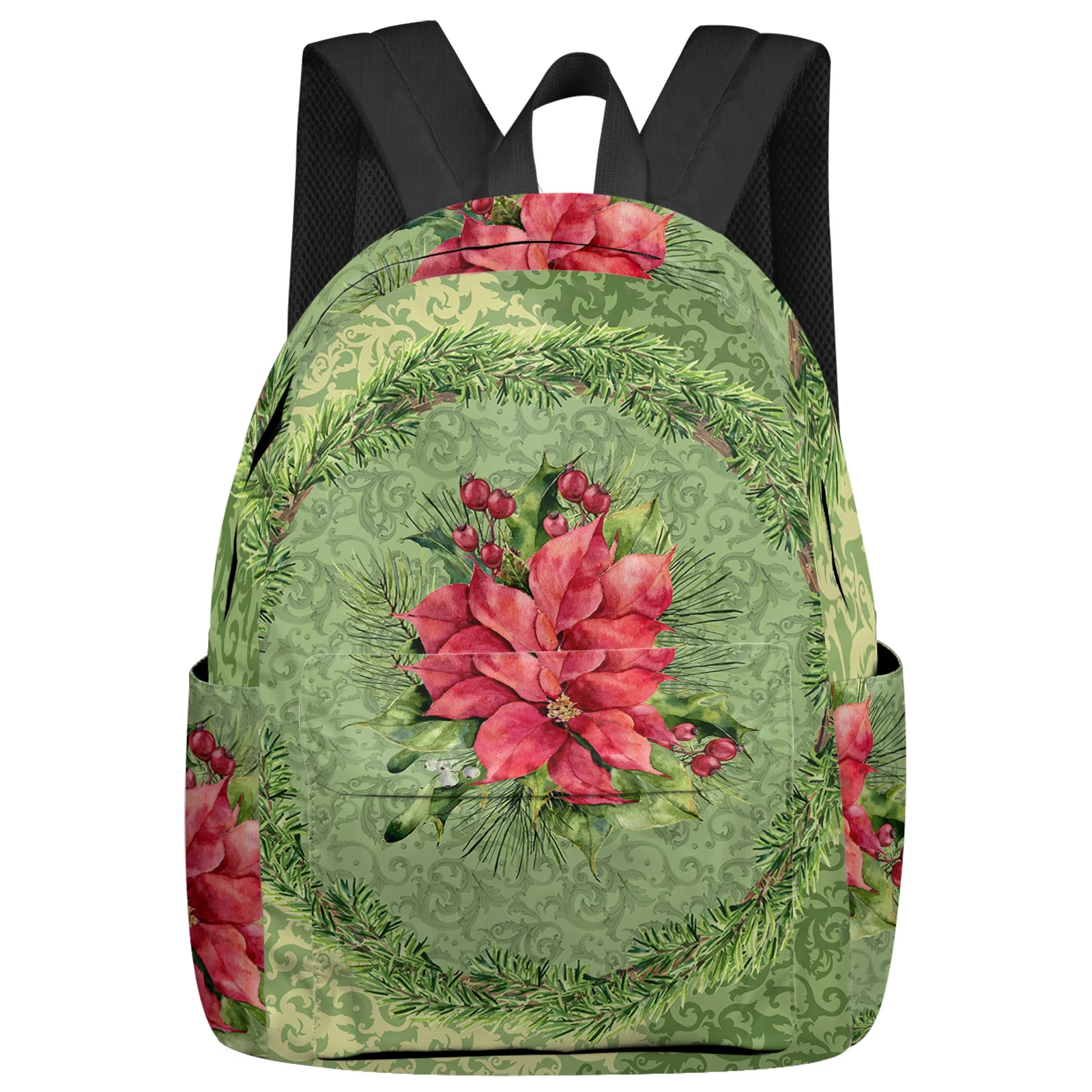 

Christmas Green Pattern Poinsettia Backpack School Bags for Teenagers Girls Students Laptop Bag Women's Casual Travel Backpack