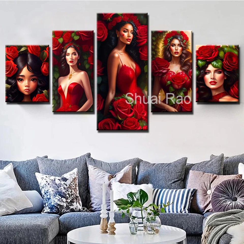 Dream Red Rose Pretty Woman Diamond Painting 5 Panel New 2023 Fantasy Portrait Art 5D Diy Full Drill Diamond Puzzle Art Decor