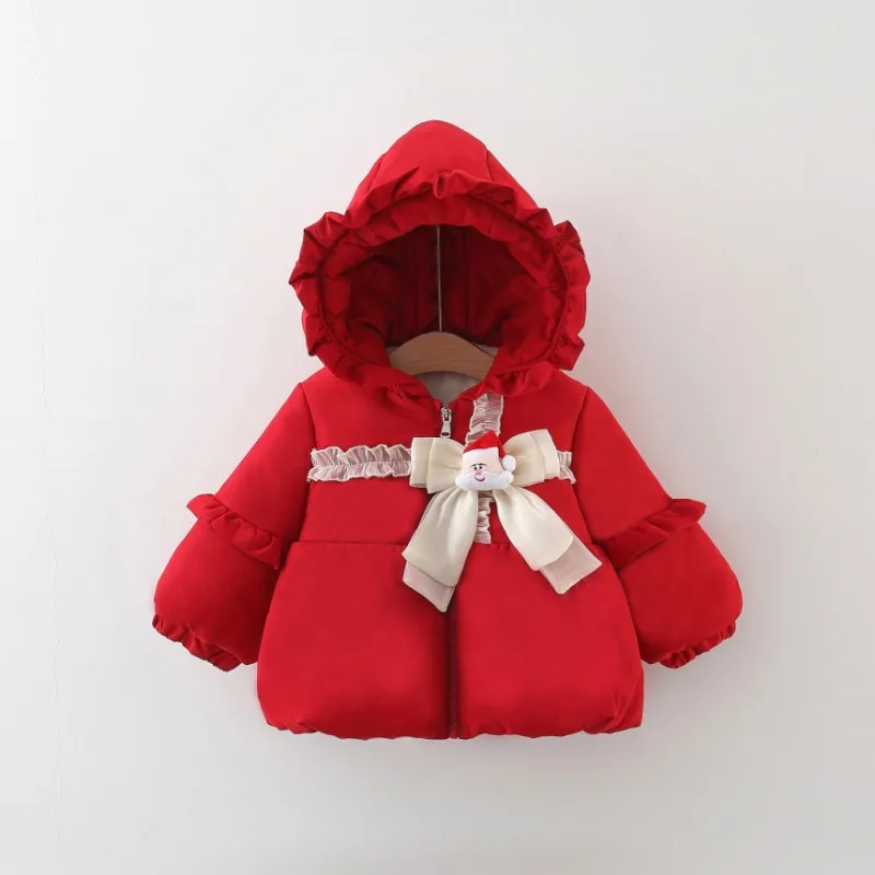 Girls Coat Winter New Santa Claus Lace Collar Cotton Coat 1-5 Yr Girls Velvet Thickened Pointed Hat Cotton New Year Clothes