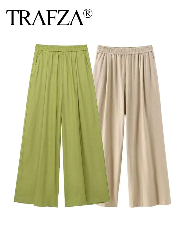 

TRAFZA Women Summer Chic Pocket Decoration Long Pants Woman Elegant Casual Loose Solid High Waist Elastic Waist Wide Leg Pant