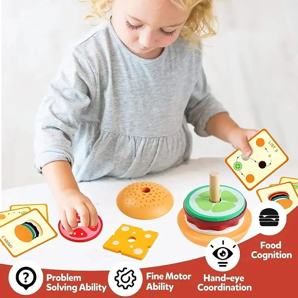 Wooden Stacking Toys Hamburger Shape Cognition Matching Kitchen Toys For Children