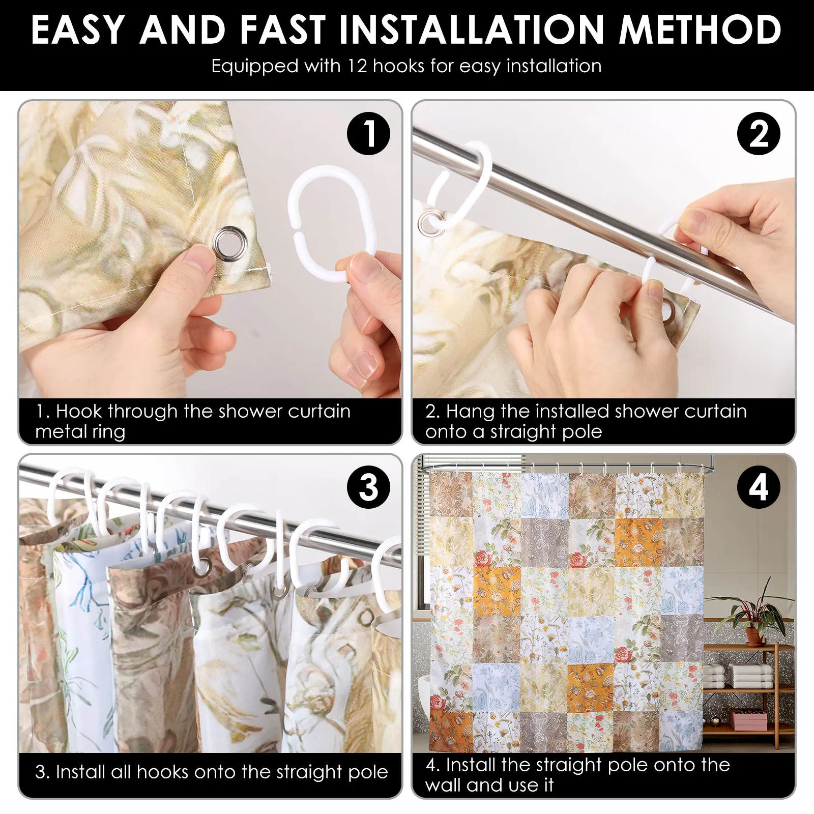 Floral Print Shower Curtain Waterproof Polyester Bath Curtain with 12 Plastic Hook 71x71 Inch Mid Century Style Window Curtains