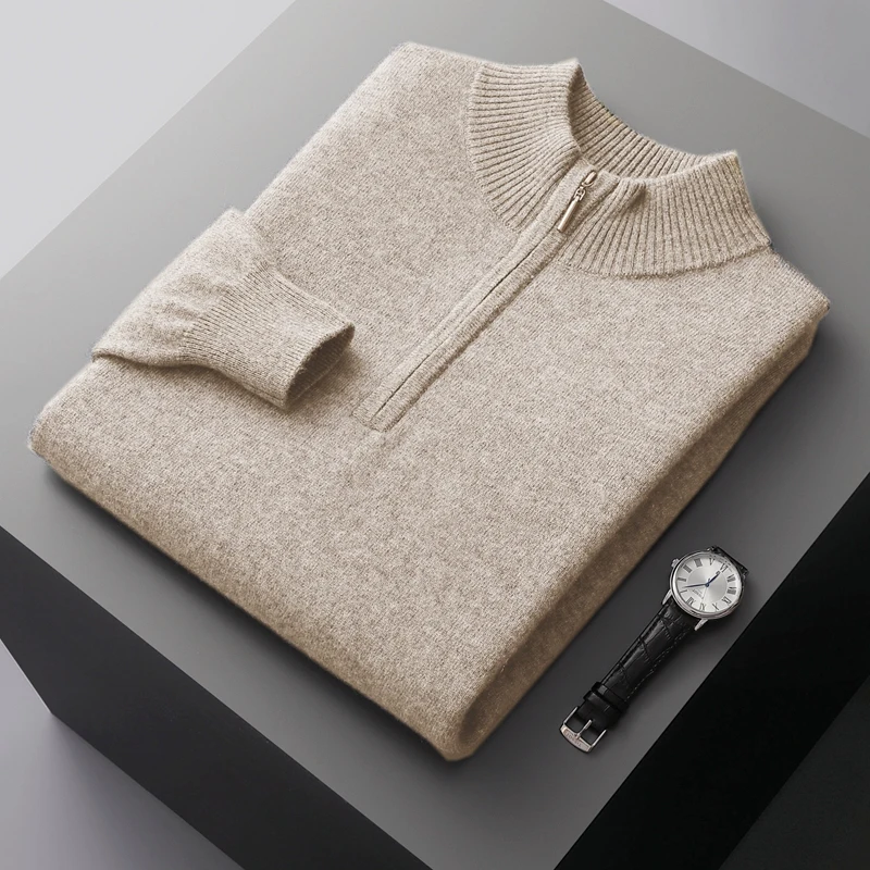 100% Goat Cashmere Sweater Men's Half High Collar Pullover Autumn Winter Long Sleeve Knitted Jacket