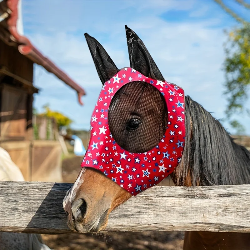 Top Quality Fly Mask For Horses, Breathable Summer Protection With Blue Star Flag Design 6
