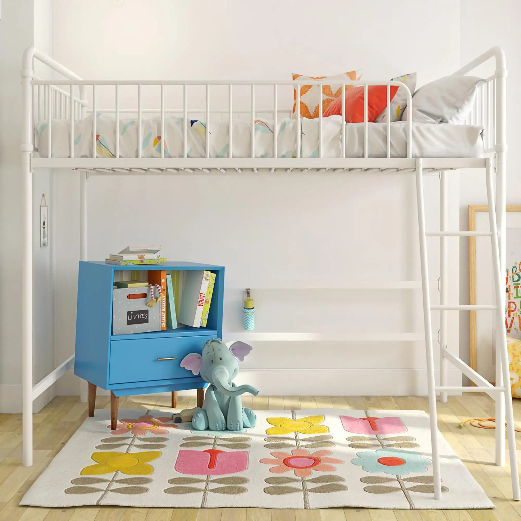 

Kelsey Twin Metal Loft Bed,Black/White,features secure guardrails and ladder