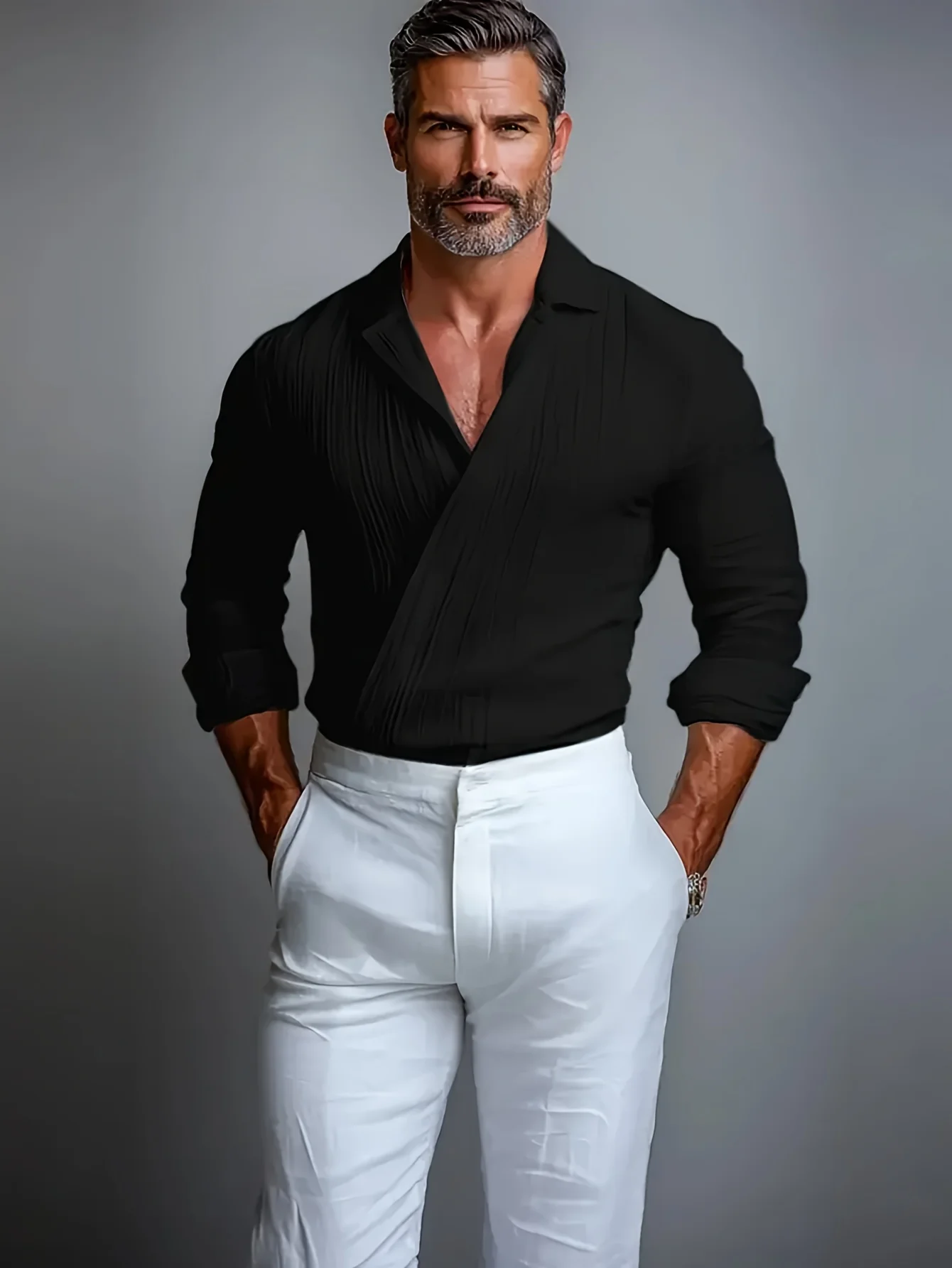 LVLAEA Pleated Textured Shirt Men Autumn Solid Color Long Sleeve Lapel Old Money Style Criss-cross Design Breathable Tated Shirt